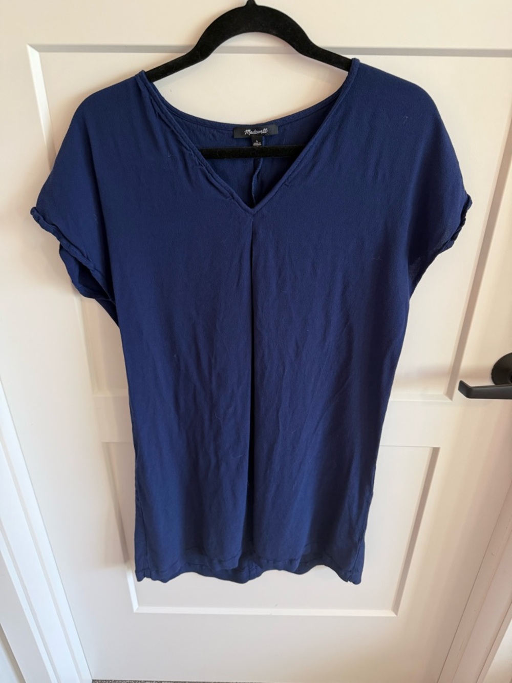 Madewell Navy Blue V-Neck Blouse | 100% Viscose | Short Sleeve Drapey Top | L